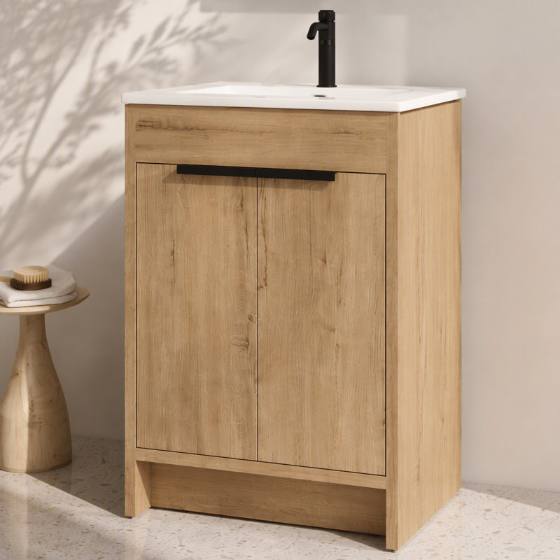 24.09'' Single Bathroom Vanity with Ceramic Top, White, Oak