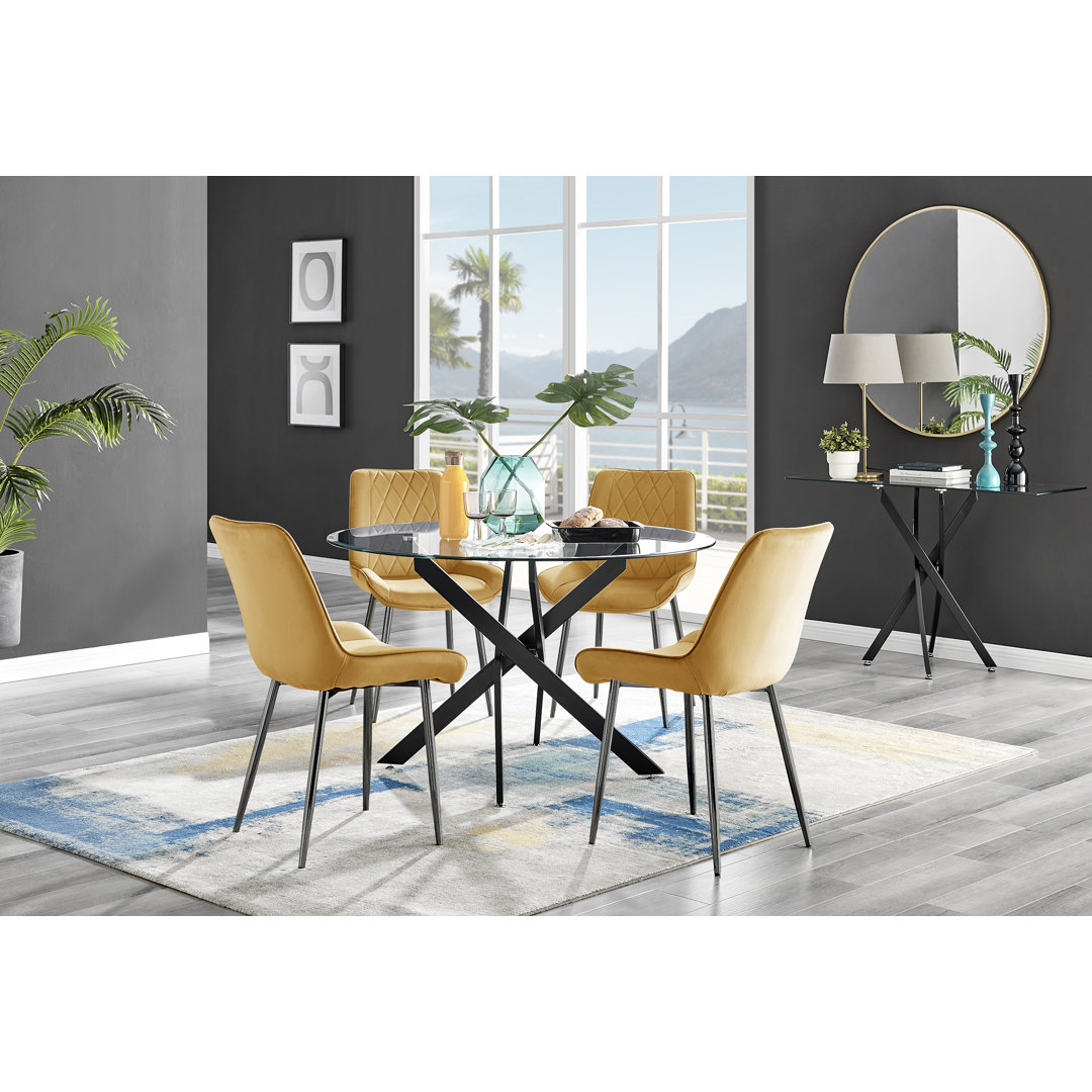 Tierra Sleek Metal and Glass 4 Seat Round Dining Table Set with 4 Luxury Velvet Dining Chairs East Urban Home Chair 