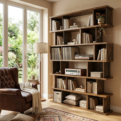 Modern Rustic 7-tier Bookcase With Asymmetrical Shelves