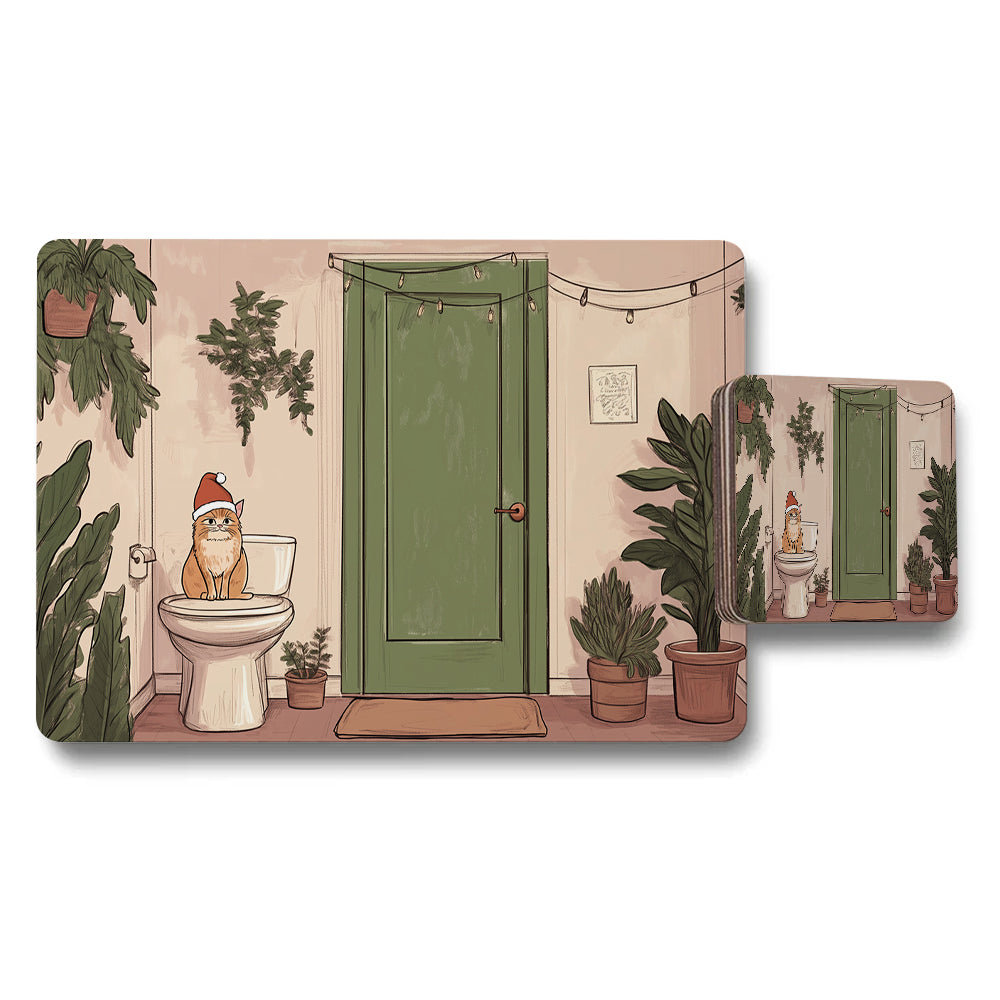 Christmas Cat Santa Hat Bathroom Placemat And Coaster Set