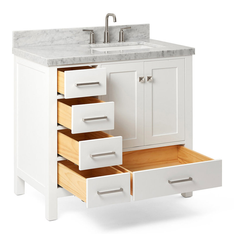 Cambridge 37'' W Single Vanity, Carrara Marble, White, Brushed Nickel