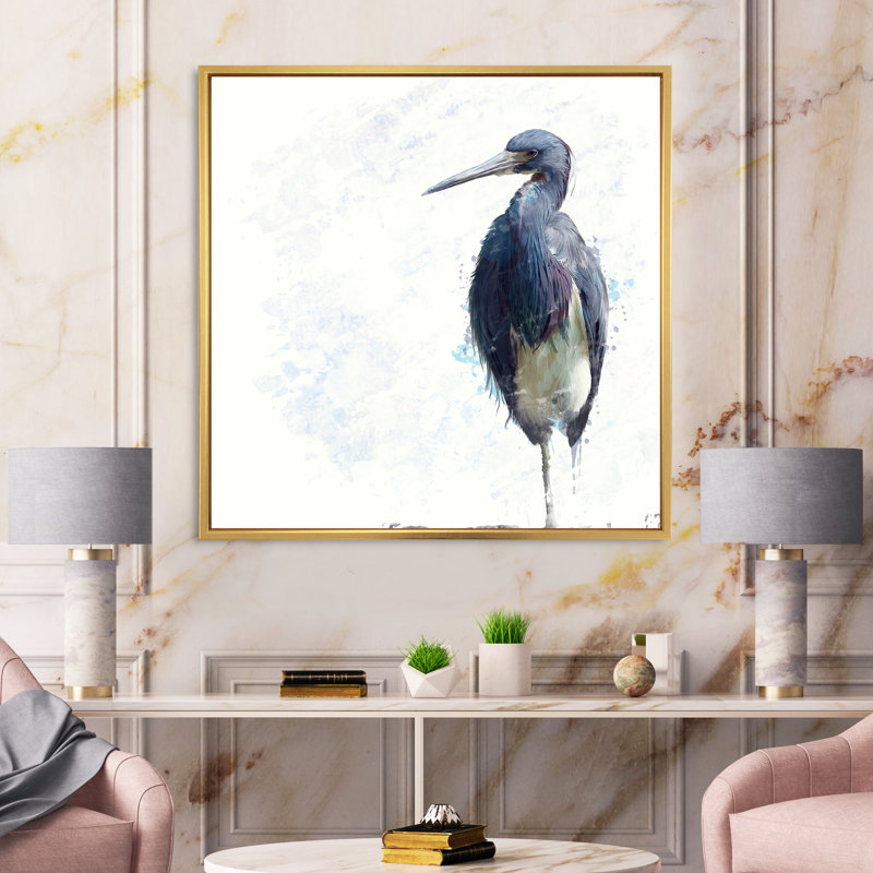 Héron tricolore - peinture sur toile, H 16 po x l 16 po x P 1 po, Encadrement doré