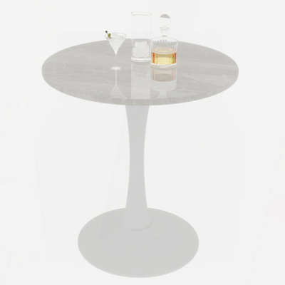 27.6" Round Marble-Effect Coffee Table with Light Gray Textured Top and Black Base