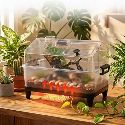 Ensemble de réservoir pour reptiles - Terrarium en acrylique avec couvercle, coussin chauffant, hygromètre, bol alimentaire, cachette et sable calcique, petit habitat pour reptiles pour geckos, lézards, grenouilles, tarentules et bernard-l'ermite