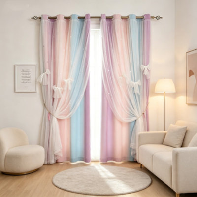 Kids Rainbow Star Double-Layer Blackout Curtain, 1 Panel Window Drape for Bedroom Nursery Living Room, 52"W x 63"H,Pink Blue Purple