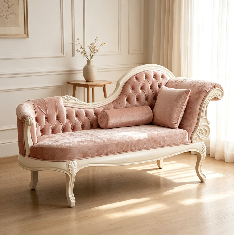 Tufting Pink Suede Solid Wood Chaise Longue