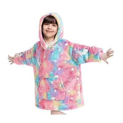 RAINBEAN Glow In The Dark Wearable Blanket Hoodie For Kids, Oversized Sherpa Hooded Blanket Sweatshirt For Ages 3-6