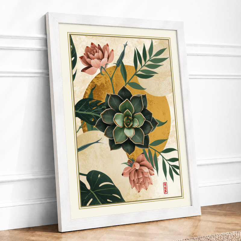 Roses and Succulents Botanical - Framed Print, A3 - 42.0 x 29.7 cm, White