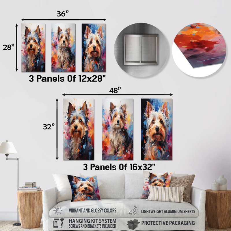 Doge Yorkie Reverie - ensemble de 3 reproductions d'art mural en métal, H 28 po x l 36 po
