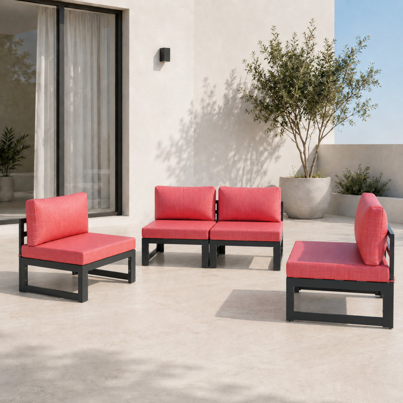 Letendre 4-Piece Armless Aluminum Patio Chairs Set with Powder-Coated Frame and Removable Cushions for Patio, Balcony, or Garden