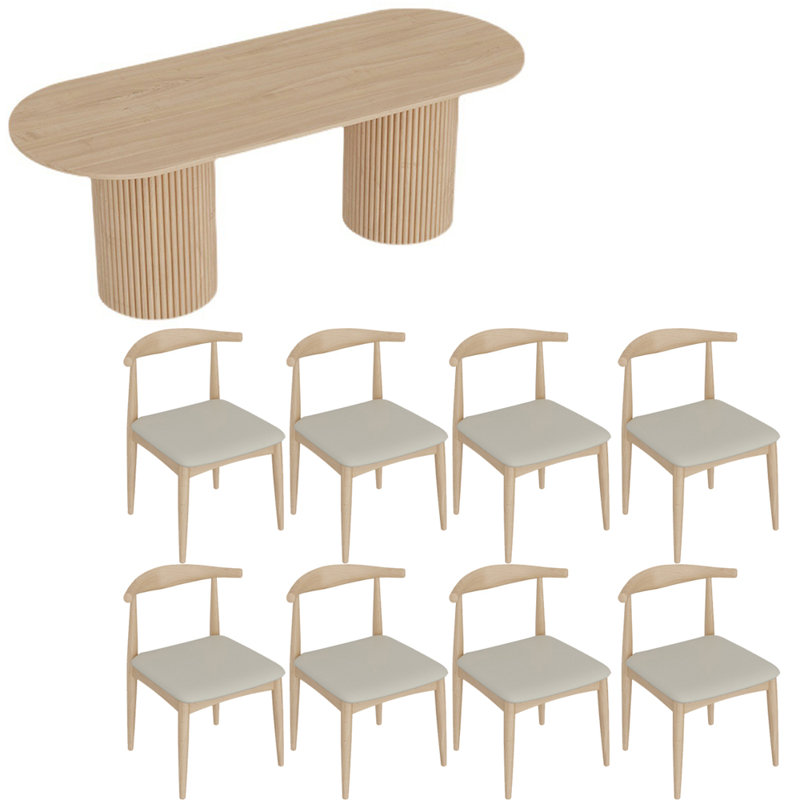 Ensemble de table de salle à manger ovale en bois massif de style nordique, 29.5”H x 86.6”L x 31.4”W