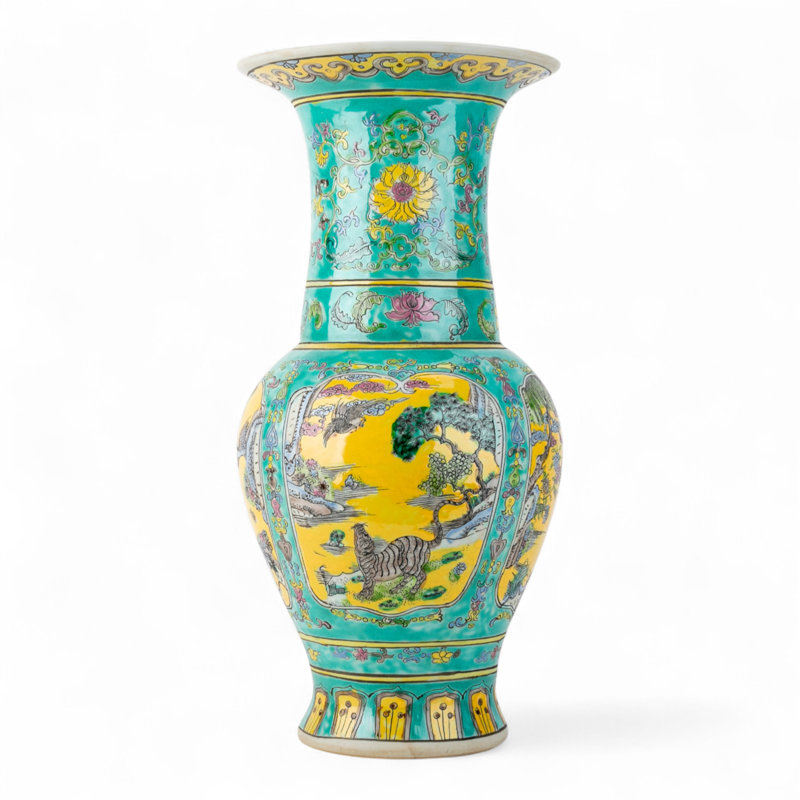 Famille Verte Style Porcelain Vase with Scenic Panels