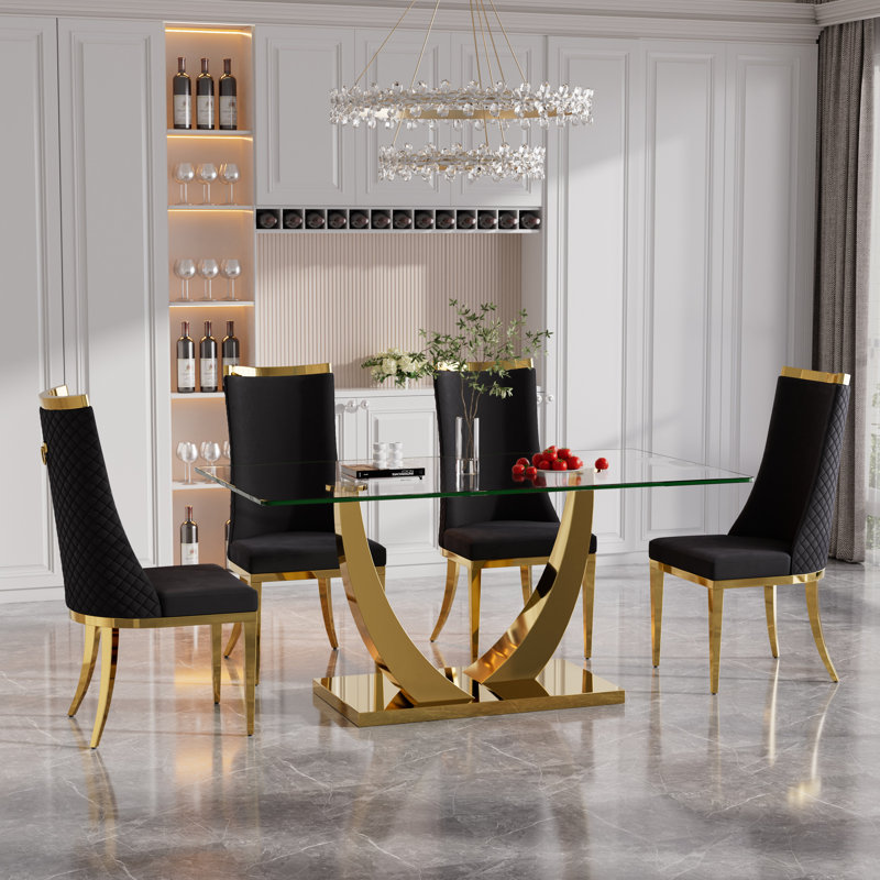 Ensemble de salle à manger à piédestal en verre trempé avec dossier haut, 5, Noir et or, Doré