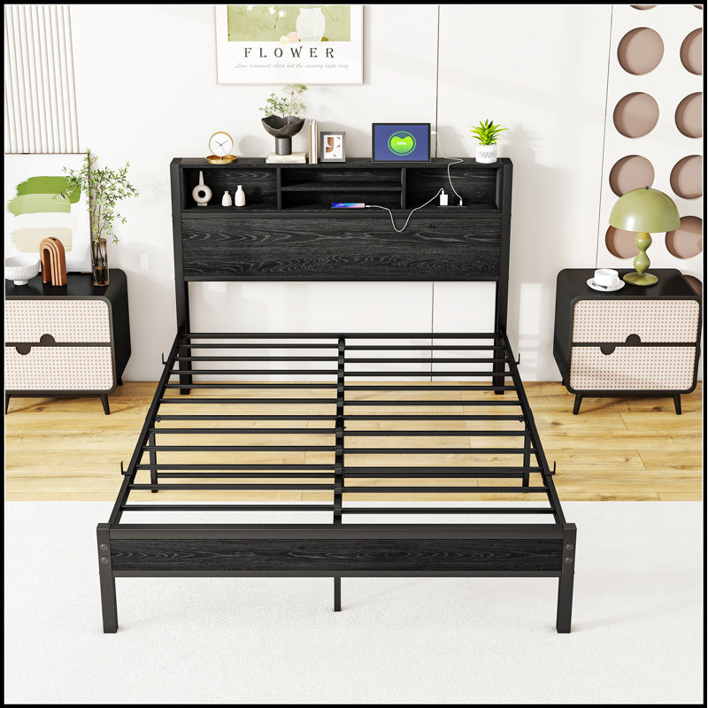 Metal Platform Bed with Storage Headboard, Charging Station, and Bookcase for Modern Bedrooms