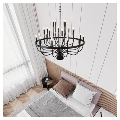 36-Light Matte Black Industrial Iron Chandelier with Candle-Style Holders