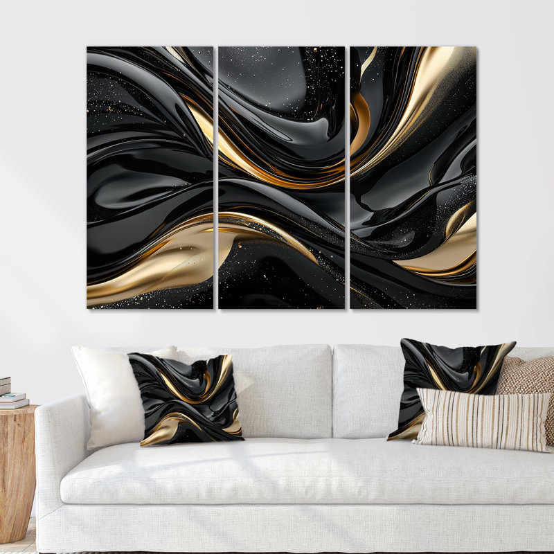 Ensemble de salon captivant or et noir I - Abstrait moderne à vagues murales, Toile tendue, H 40 po x l 60 po x P 1 po