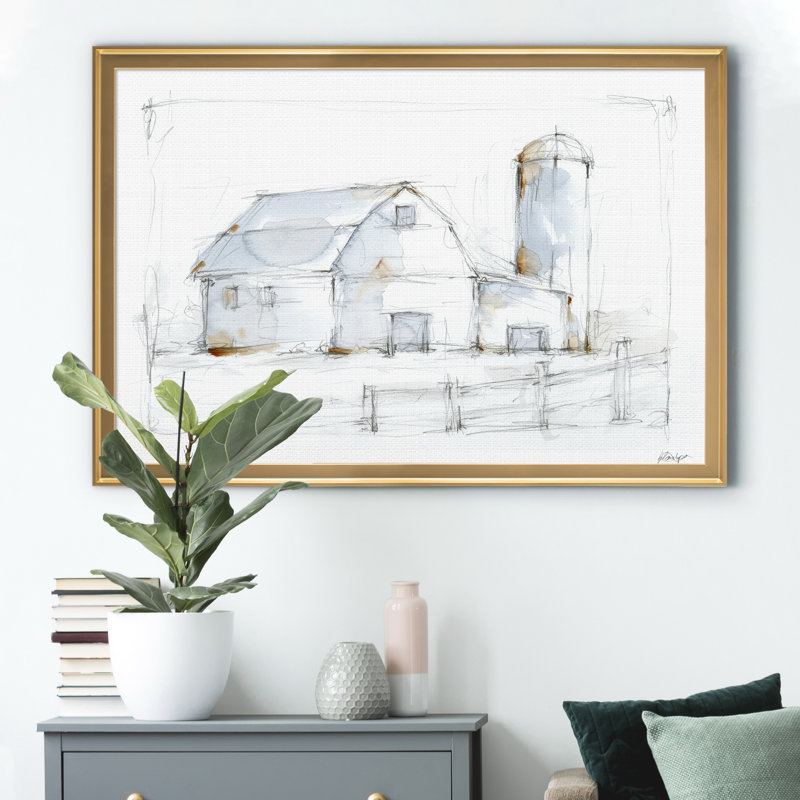 " Barnyard Pencil Sketch I ", Gold, 26.5'' H x 36.5'' W x 1.25" D