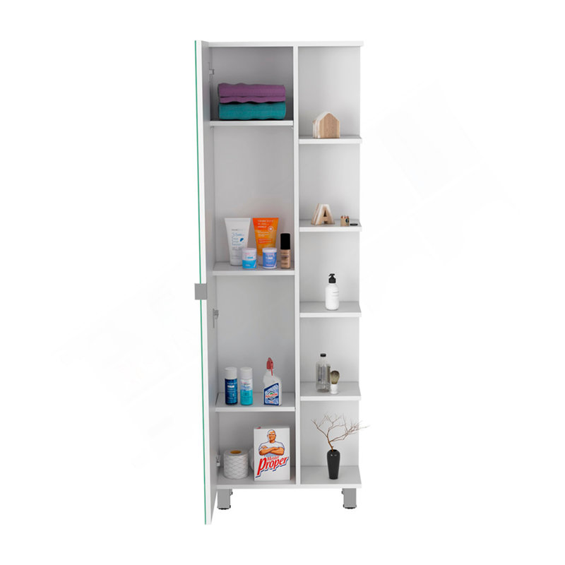 Armoire à linge miroir Urano, quatre tablettes intérieures, cinq tablettes extérieures - blanc