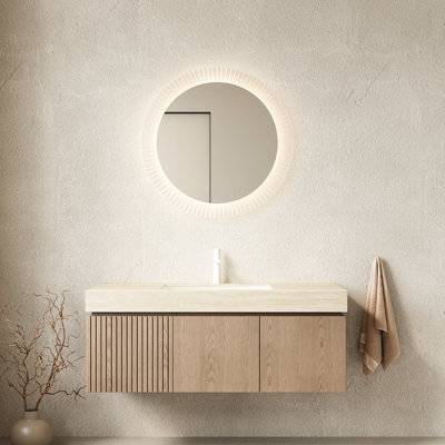 Meuble-lavabo de salle de bain avec revêtement en pierre frittée à motif, lavabo en céramique, tiroir de rangement, glissières de tiroir encastrées pour un accès facile avec mécanisme de fermeture en douceur et de porte.
