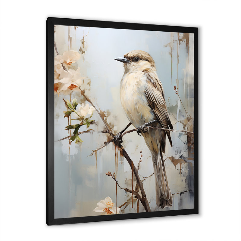 Minimalisme, oiseau beige sur une branche, Cadre simple noir, H 32 po x l 24 po x P 1 po