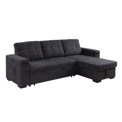 Ollie 95"W Black Woven Fabric Reversible Sleeper Sectional Sofa With Storage Chaise Cup Holder Charging Ports And Pockets