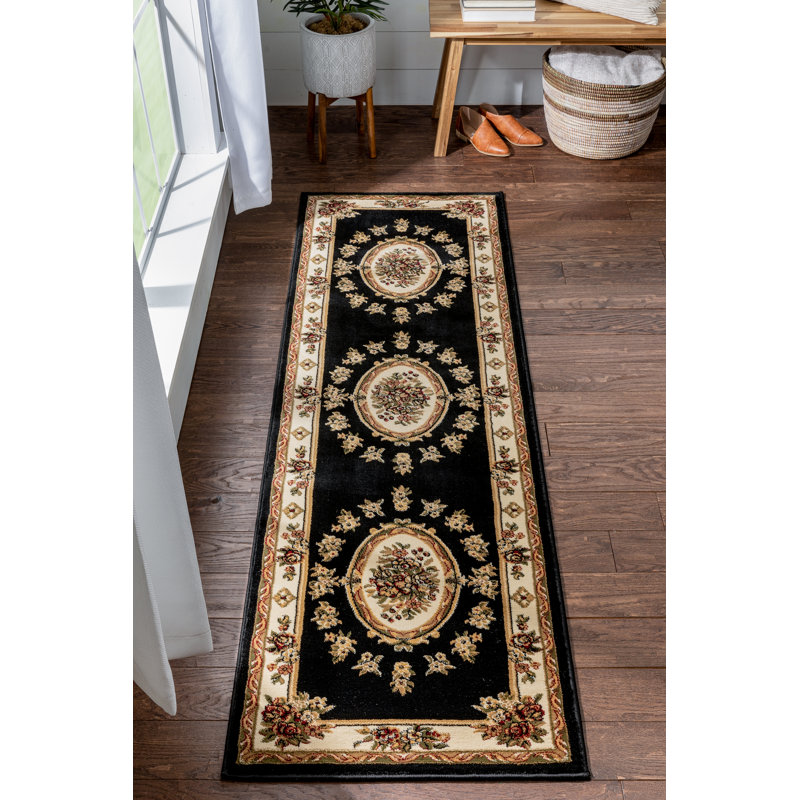 Timeless Traditional Tufted Black/Beige Rug, Runner 67 x 220cm