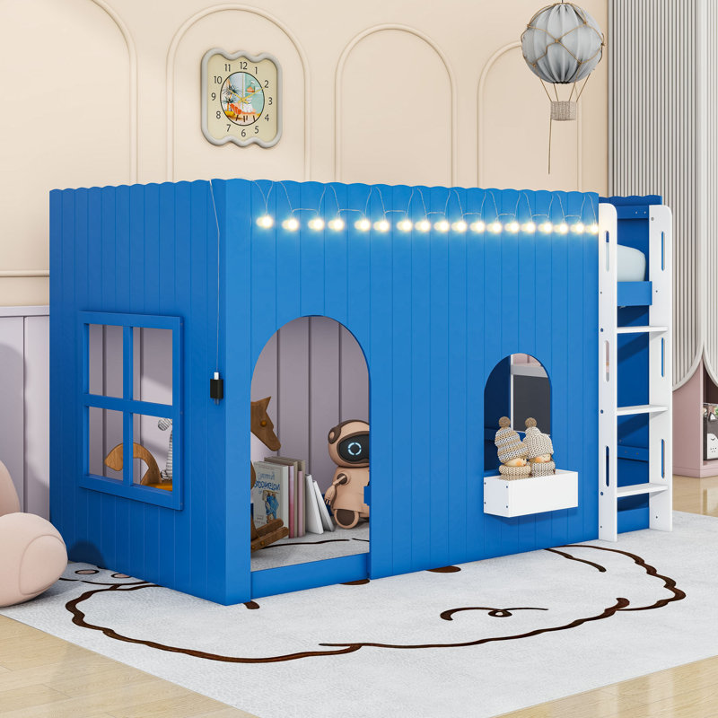 Country-Style Loft Bed with Built-in Warm Lighting and Versatile Play Space, Twin, Klein Blue