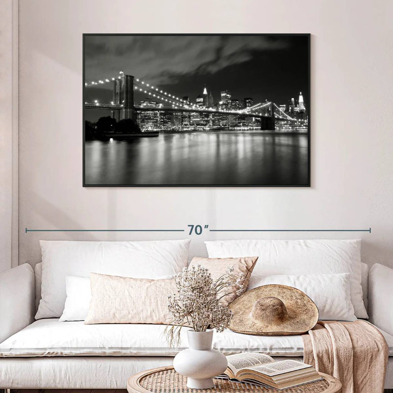 Pont de Brooklyn la nuit, 46 po x 31 po, Cadre flottant noir
