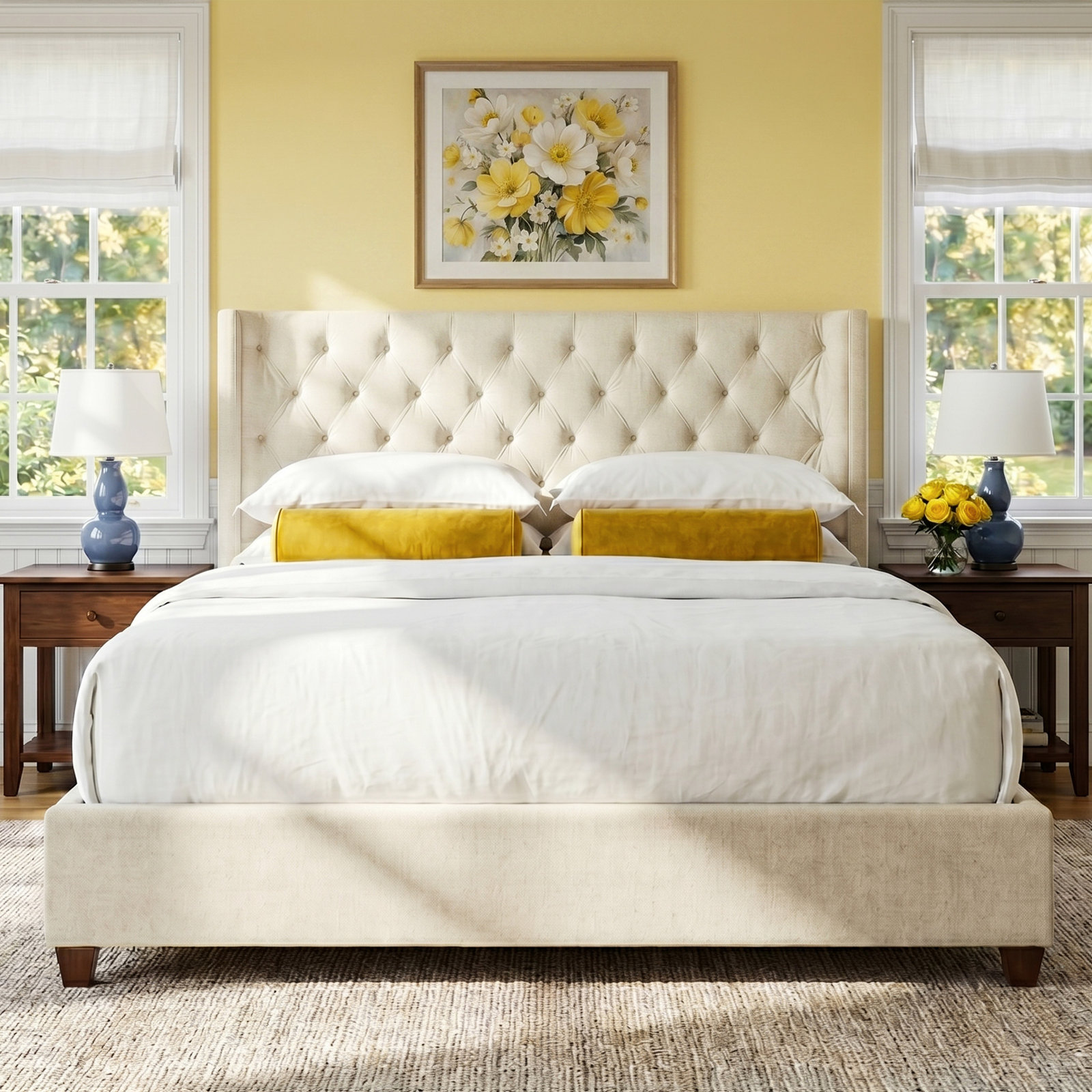 Naveen Linen Upholstered Wingback Bed, Light Beige Linen