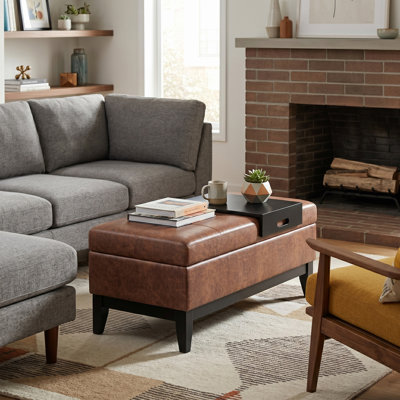 Oregon 42"W Upholstered Vegan Leather Contemporary Rectangular Lift-Up Storage Ottoman Bench with Tray and Hidden Storage