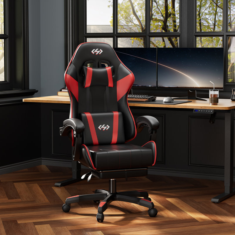 Metro Lane Adjustable Reclining Ergonomic Faux Leather Swiveling PC & Racing Game Chair with Footrest, Black/Red