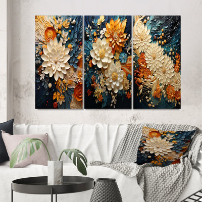 Orange Teal Botanical Whirlwind IV - 3 Piece Abstract Botanicals Wall Art