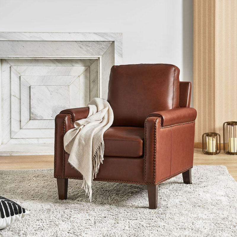 Pascarella 31.5'' Wide Genuine Leather Club Chair with Solid Wood Legs, Brown