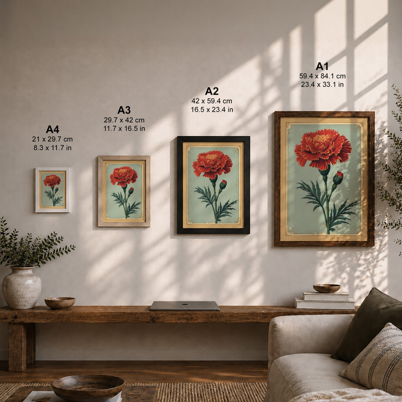 Ruffled Carnation Study Botanical - Framed Print, A2 - 59.4 x 42.0 cm, Black