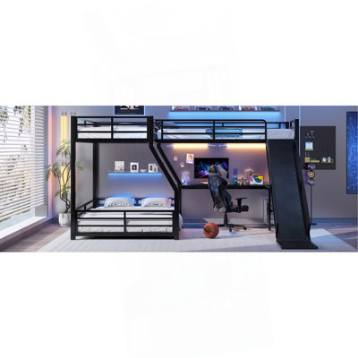 Lit superposé simple au-dessus de L en forme de L avec lit mezzanine simple, lit superposé triple en métal avec glissière et ports USB, conception peu encombrante et silencieuse, noir
