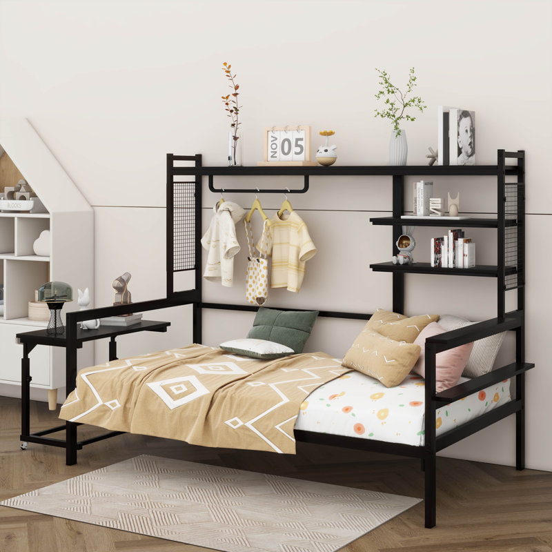 Lit de jour polyvalent en métal avec bureau réglable, grille robuste, tablettes utiles et support pratique, Lit simple