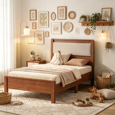 Solid Wood Bed Frame with Upholstered Headboard and Footboard for Kids Teens, Rustic Minimalist Platform Bed with Under‑Bed Clearance and No Box Spring Needed, Twin XL Size, Brown