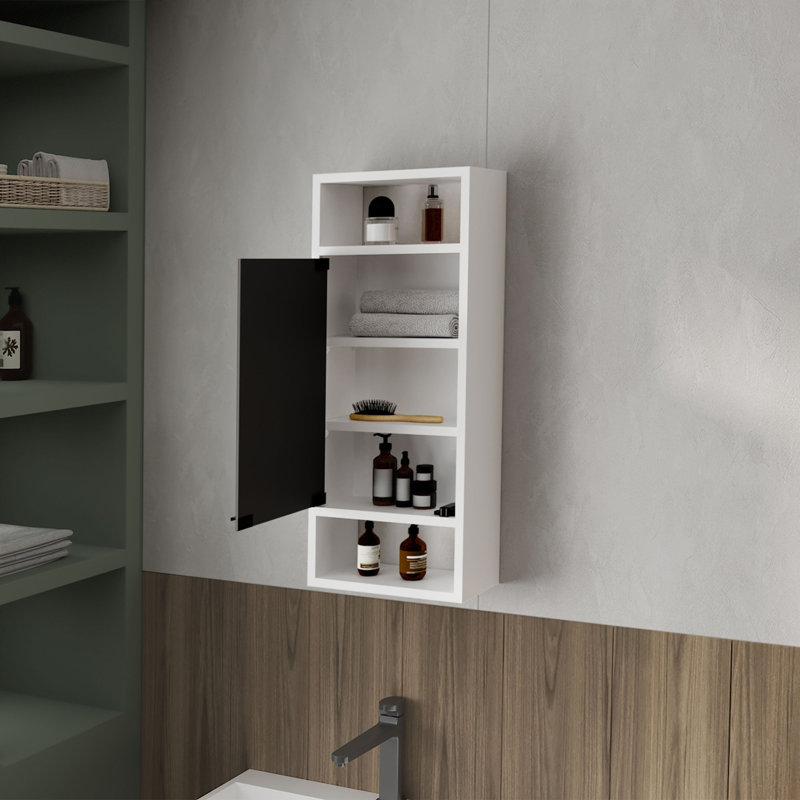 Armoire à pharmacie blanche avec porte en miroir et rangement ouvert