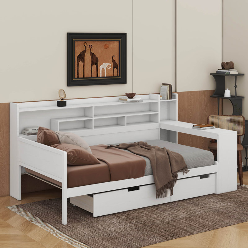 Lit de jour simple avec tablettes de rangement, Blanc antique