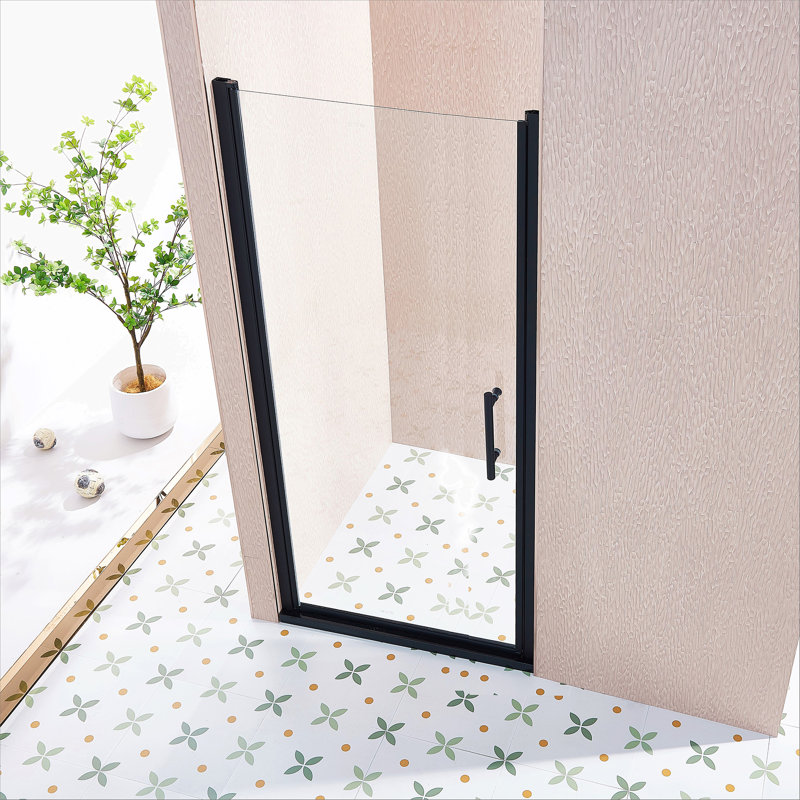 Porte de douche pivotante simple pivotante de 34 à 35,5 po x H 75 po, alliage d'aluminium noir mat, verre trempé clair de 1/4 po (6 mm) d'épaisseur.