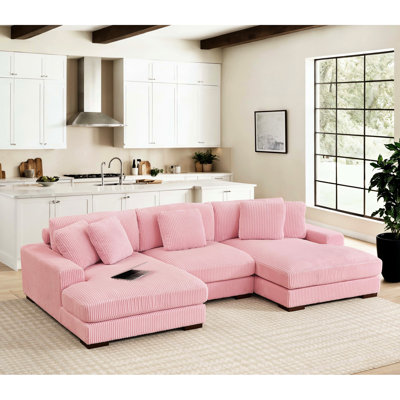 Canapé modulaire à 3 places en velours côtelé rose avec coussins décoratifs et dossier réglable, installation rapide