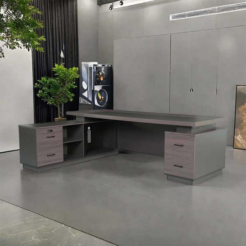 Deluxe gray two-cabinet modern desk, 29.5" H x 94.49" W x 31.5" D