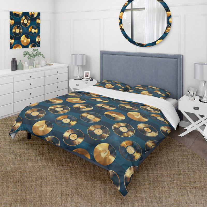 Ensemble de housse de couette rétro en vinyle doré bleu doré III, Housse de couette très grand + 2 très grandes ta