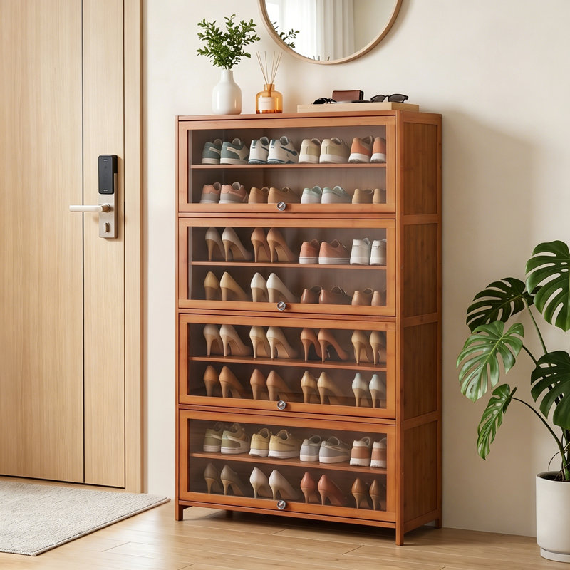9 Tier 40 Pair Shoe Rack with Acrylic Door and Bamboo Shoe Organizer