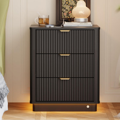 Curved Night Stand With Charging Station Lighting, Wood End Table With 3 Drawers by BONITURE
