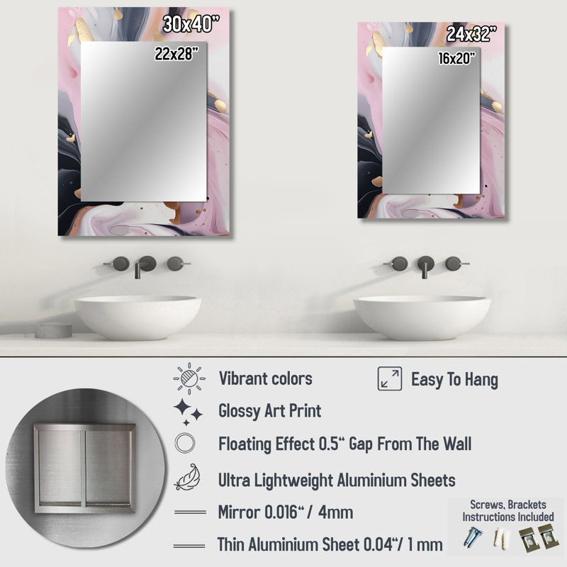 Pink And Gold Mysterious Marble V - Marble Decorative Wall Mirror, Pink Large Mirror, Printed Metal Art, 32" x 24"