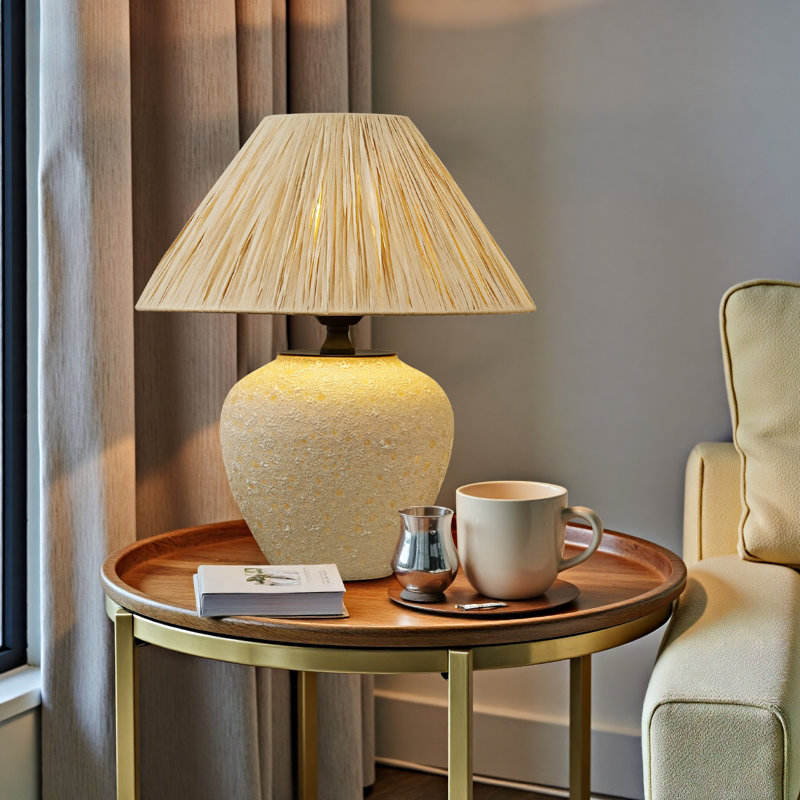 Lampe de table rétro en céramique beige avec abat-jour en raphia en papier 12,99 pouces, à brancher