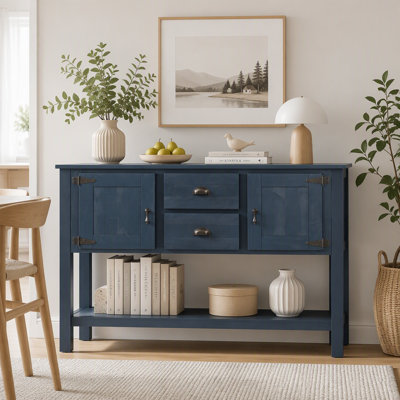 Buffet rétro en bois massif de 117 cm (46 po) avec 2 tiroirs, armoires et tablette inférieure, bleu marine