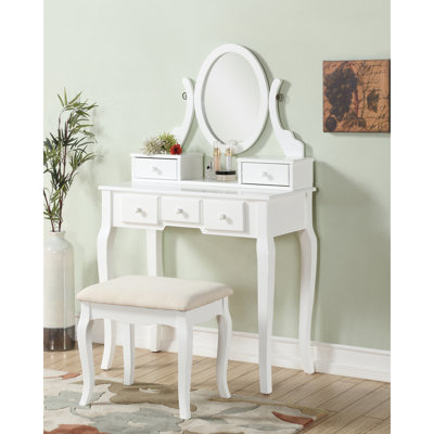 Wood Make-Up Vanity Table And Stool Unit, White - 5 Drawers For Cosmetics & Adjustable Oval Frame Mirror Pair Accessories