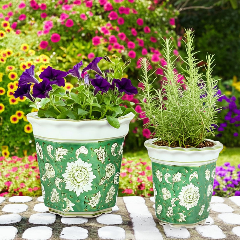Ensemble de pots en céramique avec embossage floral, Oiseau et fleur